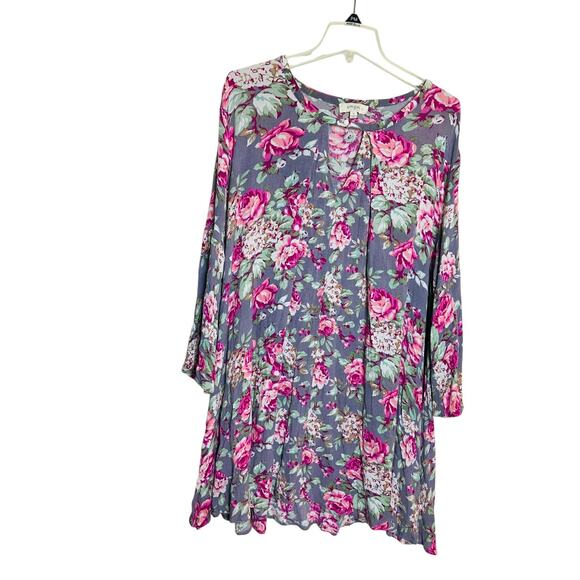 Umgee USA Pink Purple Floral Trapeze Mini Dress 3/4 Sleeve Relaxed Hippie XL - Picture 1 of 8